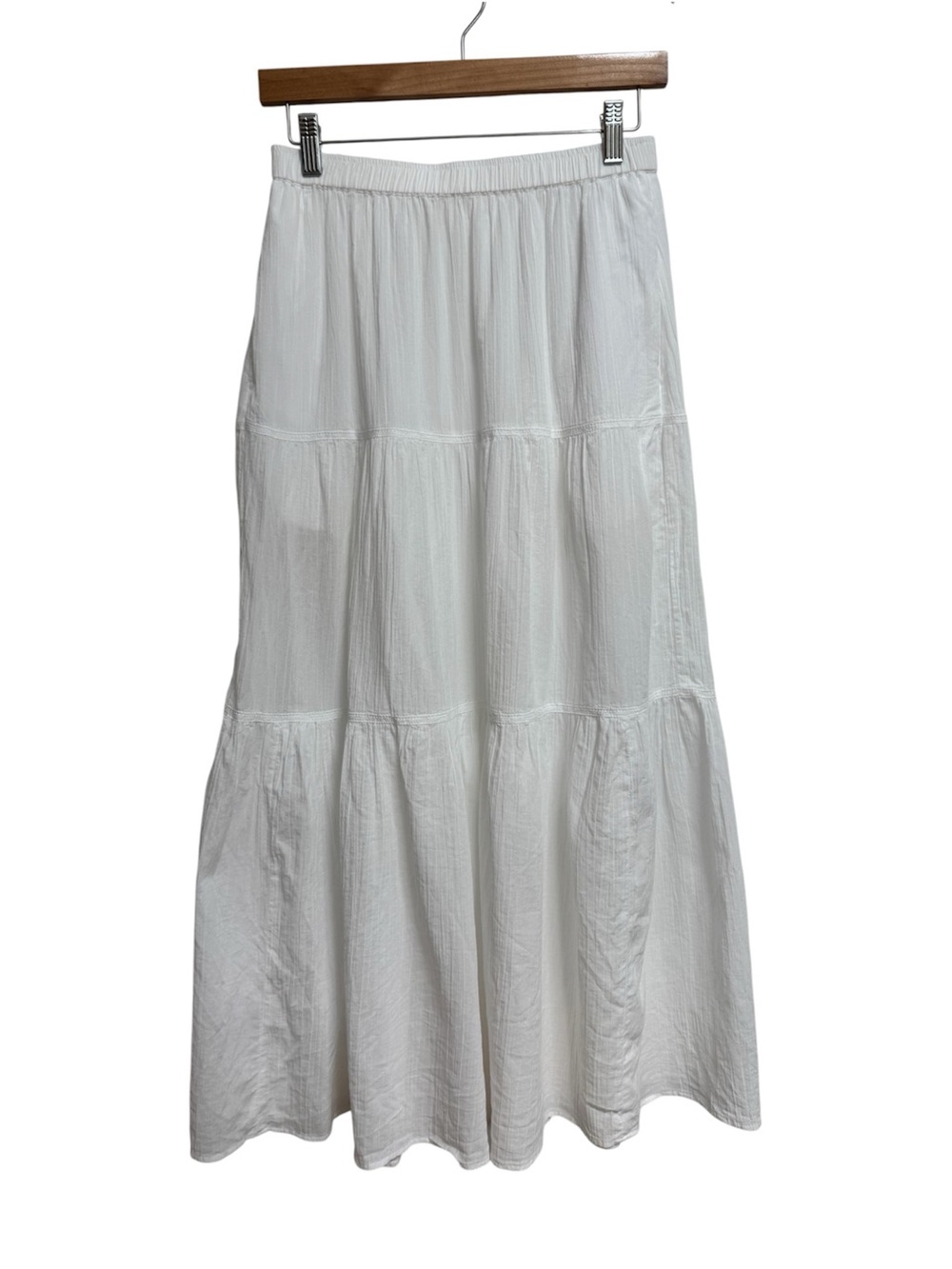Uniqlo 100% Cotton Gauze Tiered Maxi Skirt Women Small White Boho Coastal Beachy
